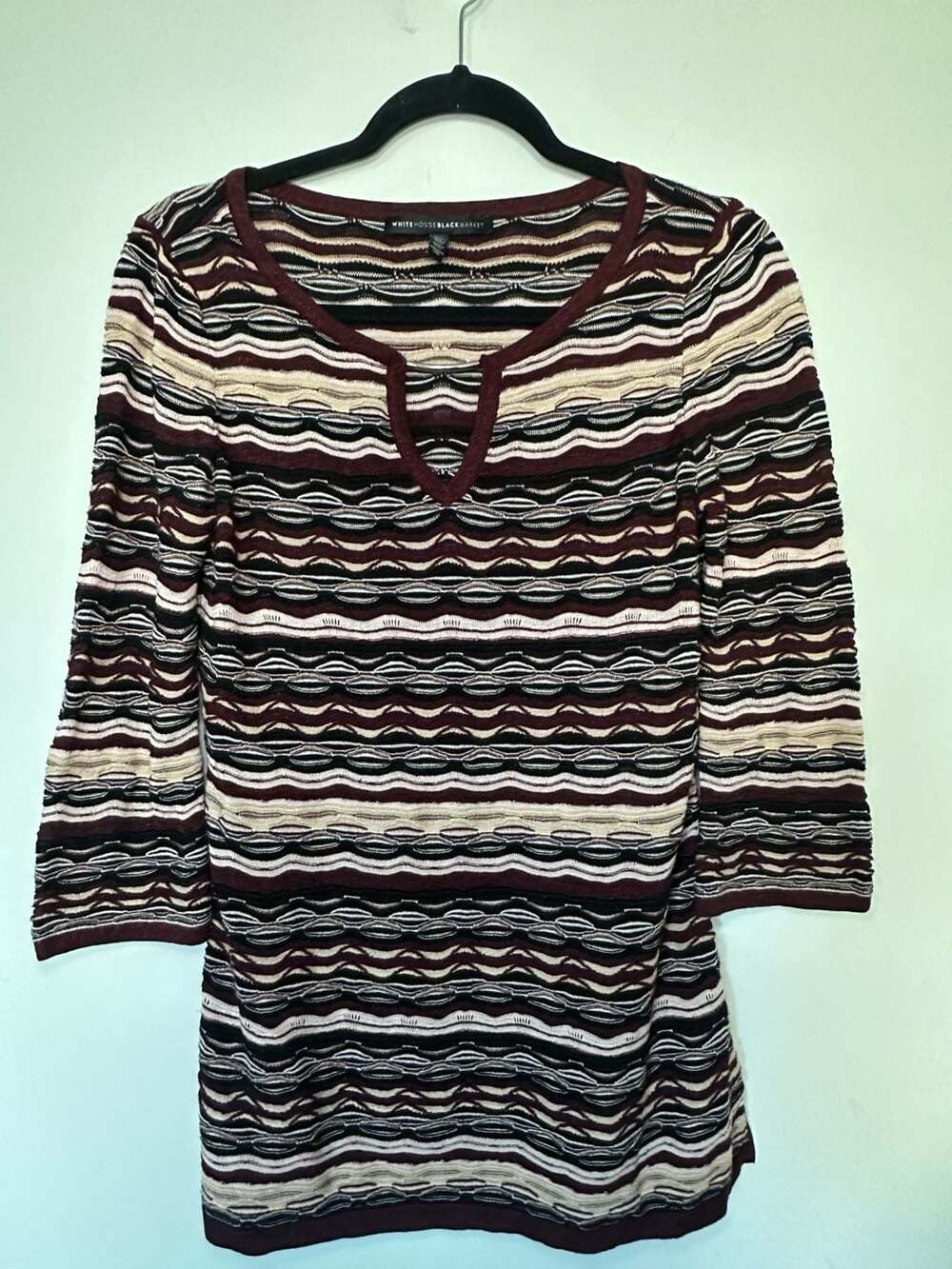White House Black Market Striped Keyhole Knit Tunic Sweater Maroon Black Size M